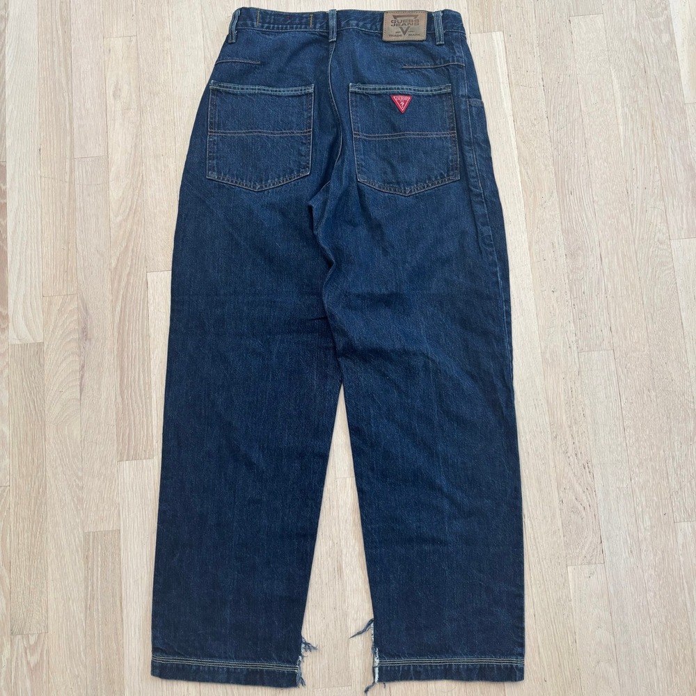 Guess Jeans Baggy Denim Pants Mens 32 Dark Wash Fair Distressed Hem Vintage